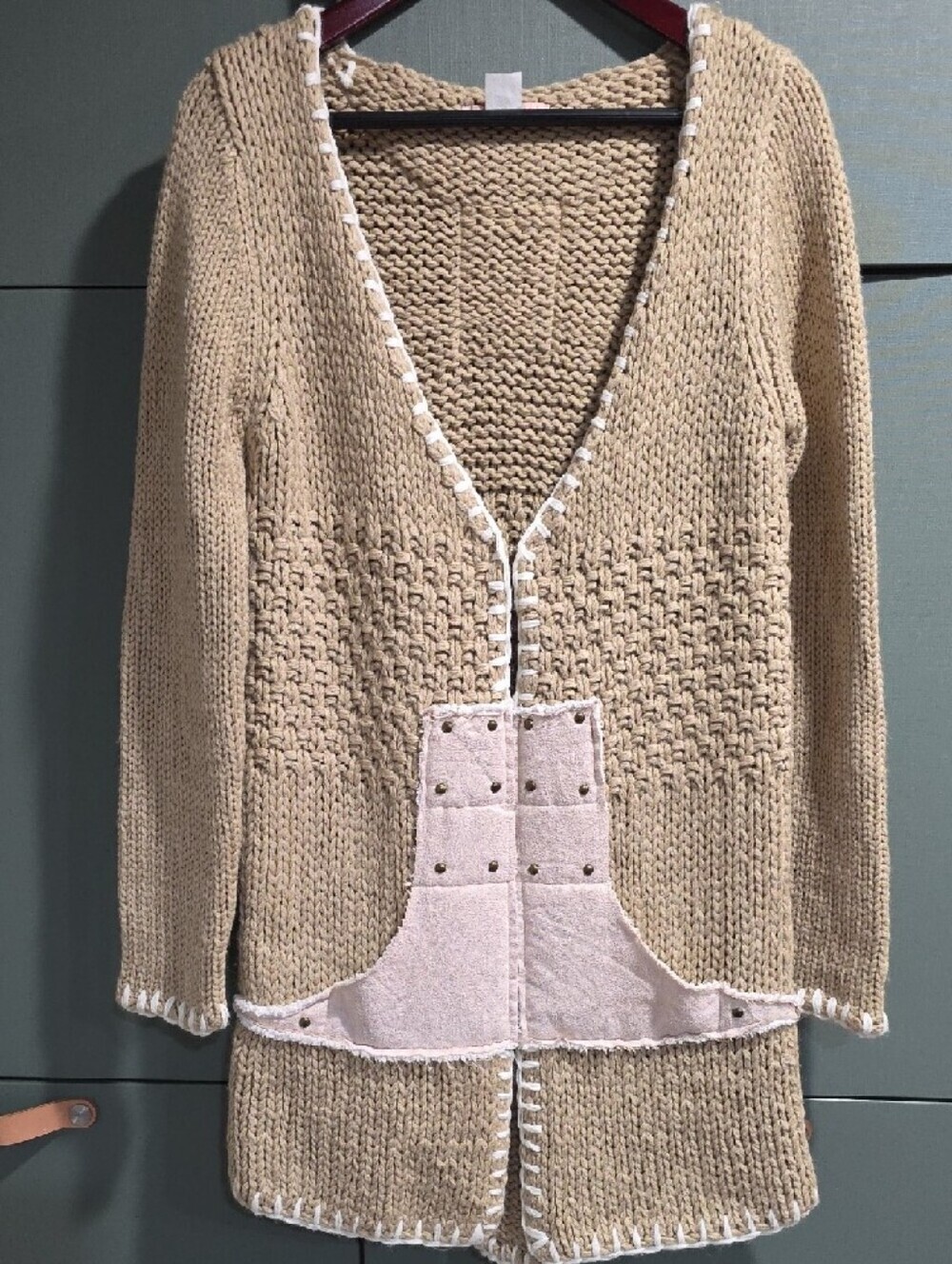 732 Boho Chunky Knit Patched Western Cardigan Sweater Tan M/L